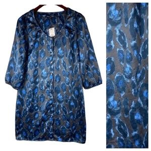New Express Small Dress Shirtdress Animal Print Gray Blue Silky Career CHIC